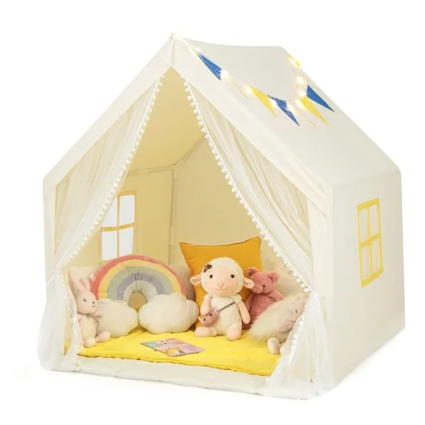 Tente de Jeu Enfants avec Lumières d'Étoiles Tapis en Coton Lavable Cadeau pour Garçons et Filles 122 x 105 x 125 CM Beige