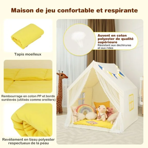 Tente de Jeu Enfants avec Lumières d'Étoiles Tapis en Coton Lavable Cadeau pour Garçons et Filles 122 x 105 x 125 CM Beige