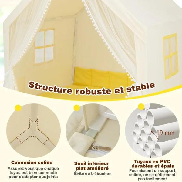 Tente de Jeu Enfants avec Lumières d'Étoiles Tapis en Coton Lavable Cadeau pour Garçons et Filles 122 x 105 x 125 CM Beige
