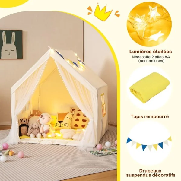 Tente de Jeu Enfants avec Lumières d'Étoiles Tapis en Coton Lavable Cadeau pour Garçons et Filles 122 x 105 x 125 CM Beige