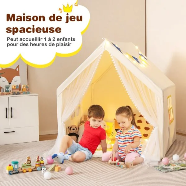 Tente de Jeu Enfants avec Lumières d'Étoiles Tapis en Coton Lavable Cadeau pour Garçons et Filles 122 x 105 x 125 CM Beige