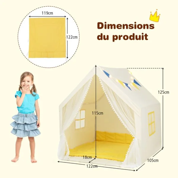 Tente de Jeu Enfants avec Lumières d'Étoiles Tapis en Coton Lavable Cadeau pour Garçons et Filles 122 x 105 x 125 CM Beige