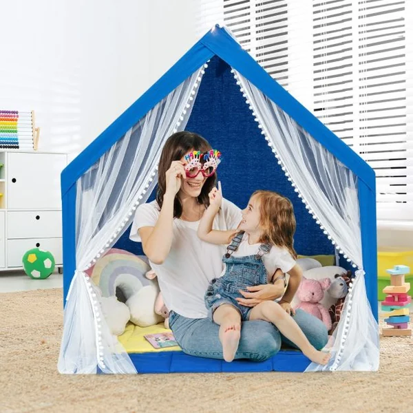 Tente de Jeu Enfants avec Lumières d'Étoiles Tapis en Coton Lavable Cadeau pour Garçons et Filles 122 x 105 x 125 CM Bleu