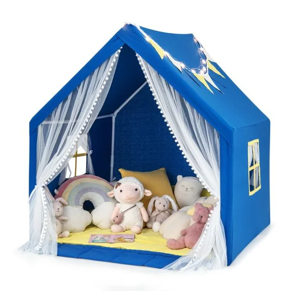 Tente de Jeu Enfants avec Lumières d'Étoiles Tapis en Coton Lavable Cadeau pour Garçons et Filles 122 x 105 x 125 CM Bleu