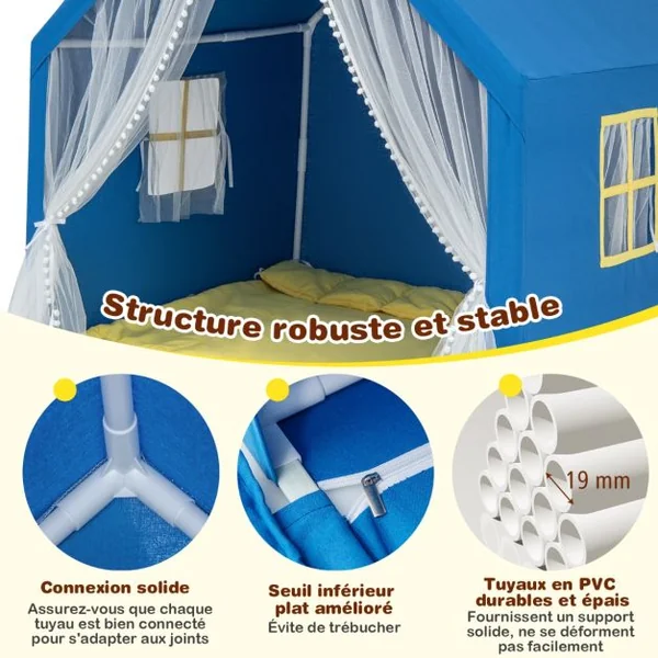 Tente de Jeu Enfants avec Lumières d'Étoiles Tapis en Coton Lavable Cadeau pour Garçons et Filles 122 x 105 x 125 CM Bleu