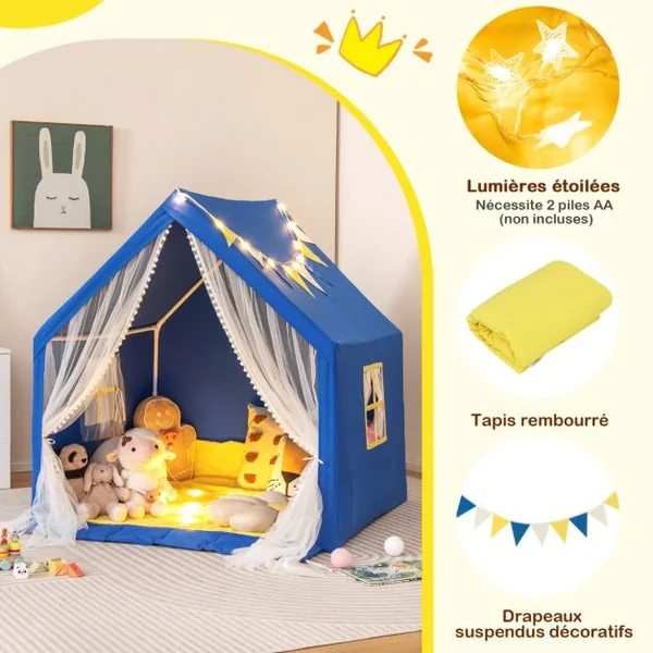 Tente de Jeu Enfants avec Lumières d'Étoiles Tapis en Coton Lavable Cadeau pour Garçons et Filles 122 x 105 x 125 CM Bleu