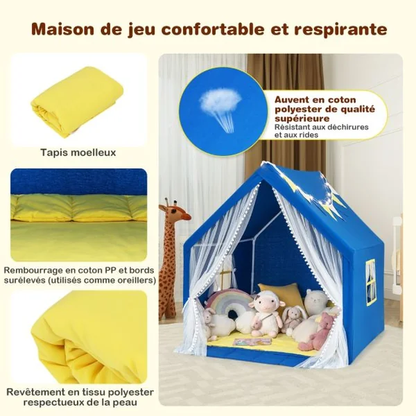 Tente de Jeu Enfants avec Lumières d'Étoiles Tapis en Coton Lavable Cadeau pour Garçons et Filles 122 x 105 x 125 CM Bleu