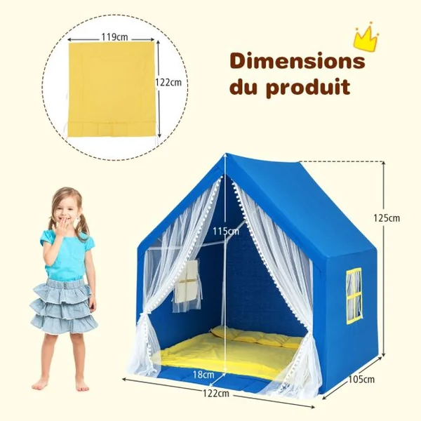 Tente de Jeu Enfants avec Lumières d'Étoiles Tapis en Coton Lavable Cadeau pour Garçons et Filles 122 x 105 x 125 CM Bleu
