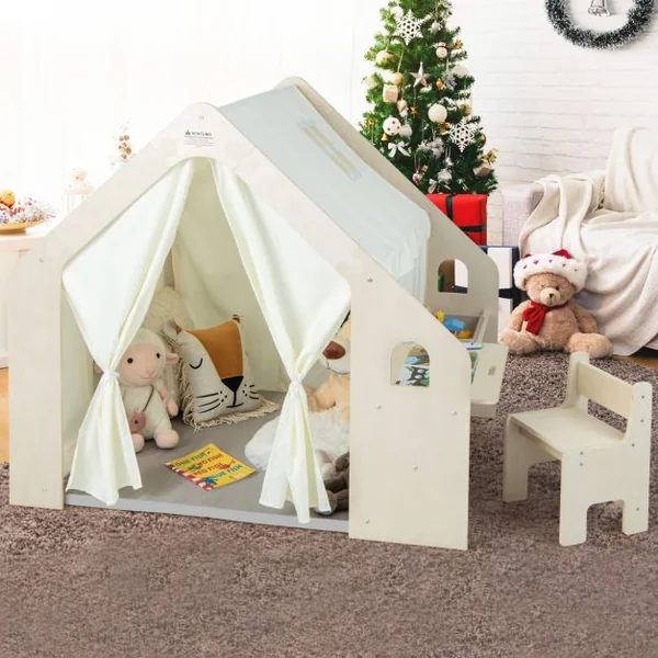 Tente de Jeu Intérieure 6 en 1 en Bois pour Enfants Tableau Noir Table de Bureau Chaise Bac de Rangement Tapis de Sol pour les 2-6 ans Beige