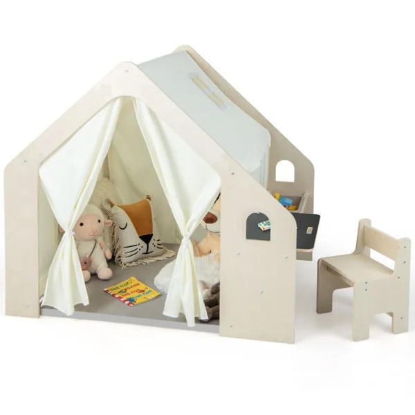 Tente de Jeu Intérieure 6 en 1 en Bois pour Enfants Tableau Noir Table de Bureau Chaise Bac de Rangement Tapis de Sol pour les 2-6 ans Beige
