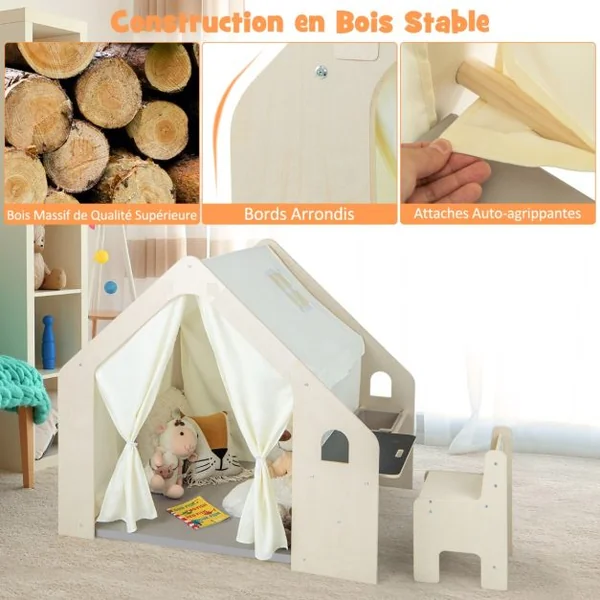 Tente de Jeu Intérieure 6 en 1 en Bois pour Enfants Tableau Noir Table de Bureau Chaise Bac de Rangement Tapis de Sol pour les 2-6 ans Beige