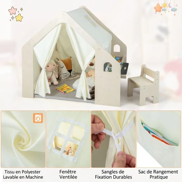 Tente de Jeu Intérieure 6 en 1 en Bois pour Enfants Tableau Noir Table de Bureau Chaise Bac de Rangement Tapis de Sol pour les 2-6 ans Beige