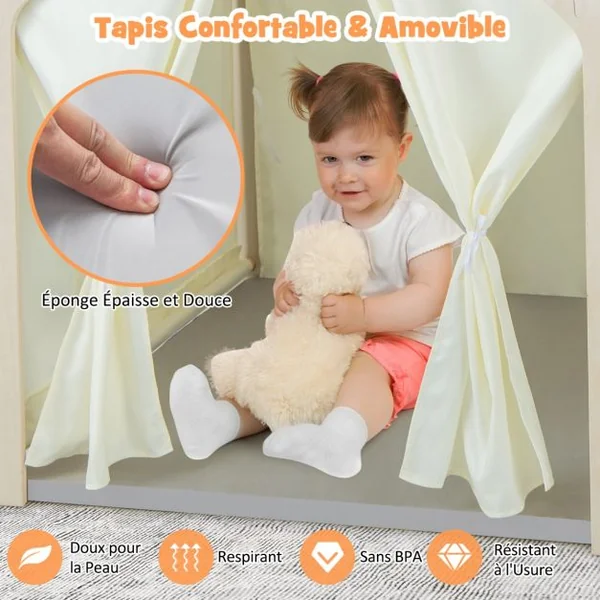 Tente de Jeu Intérieure 6 en 1 en Bois pour Enfants Tableau Noir Table de Bureau Chaise Bac de Rangement Tapis de Sol pour les 2-6 ans Beige