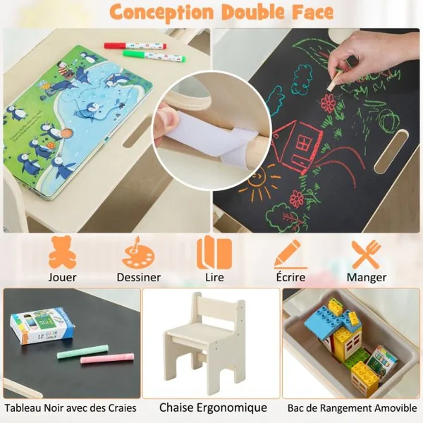 Tente de Jeu Intérieure 6 en 1 en Bois pour Enfants Tableau Noir Table de Bureau Chaise Bac de Rangement Tapis de Sol pour les 2-6 ans Beige
