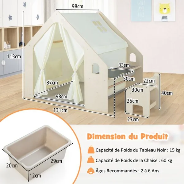 Tente de Jeu Intérieure 6 en 1 en Bois pour Enfants Tableau Noir Table de Bureau Chaise Bac de Rangement Tapis de Sol pour les 2-6 ans Beige
