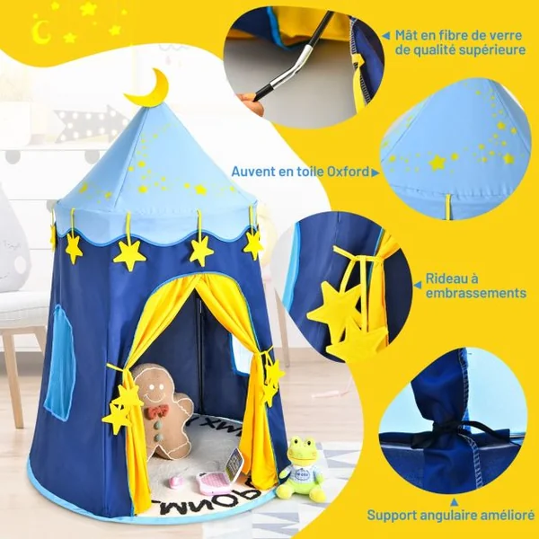 Tente de Jeu Portable Enfants 3 Ans + Sac de Transport en Tissu Oxford Épais Motif de Fleurs Intérieur et Extérieur Bleu