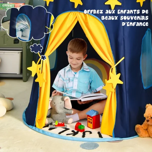 Tente de Jeu Portable Enfants 3 Ans + Sac de Transport en Tissu Oxford Épais Motif de Fleurs Intérieur et Extérieur Bleu