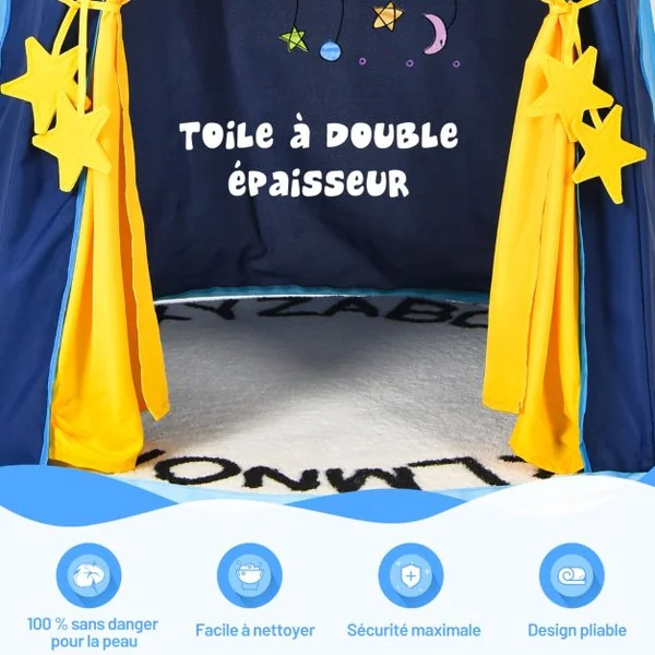 Tente de Jeu Portable Enfants 3 Ans + Sac de Transport en Tissu Oxford Épais Motif de Fleurs Intérieur et Extérieur Bleu
