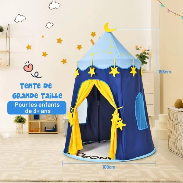 Tente de Jeu Portable Enfants 3 Ans + Sac de Transport en Tissu Oxford Épais Motif de Fleurs Intérieur et Extérieur Bleu