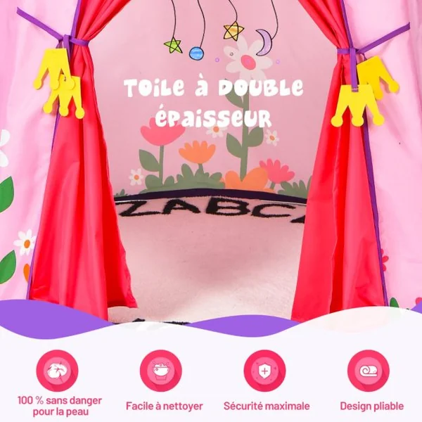 Tente de Jeu Portable Enfants 3 Ans + Sac de Transport en Tissu Oxford Épais Motif de Fleurs Intérieur et Extérieur Rose