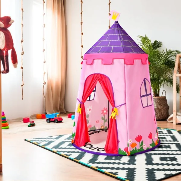 Tente de Jeu Portable Enfants 3 Ans + Sac de Transport en Tissu Oxford Épais Motif de Fleurs Intérieur et Extérieur Rose