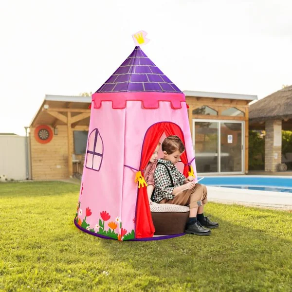 Tente de Jeu Portable Enfants 3 Ans + Sac de Transport en Tissu Oxford Épais Motif de Fleurs Intérieur et Extérieur Rose