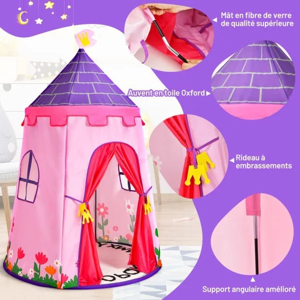 Tente de Jeu Portable Enfants 3 Ans + Sac de Transport en Tissu Oxford Épais Motif de Fleurs Intérieur et Extérieur Rose