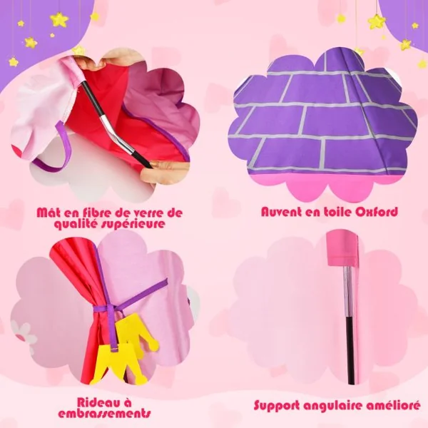Tente de Jeu Portable Enfants 3 Ans + Sac de Transport en Tissu Oxford Épais Motif de Fleurs Intérieur et Extérieur Rose
