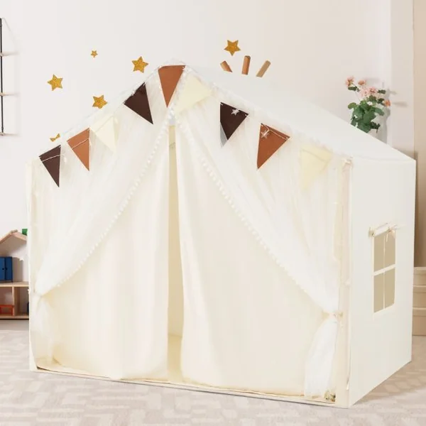 Tente de Jeu pour Enfants avec Rideaux en Tissu et Moustiquaire Lumières Etoilées Fanions à Carreaux pour Les 3 Ans et Plus Beige