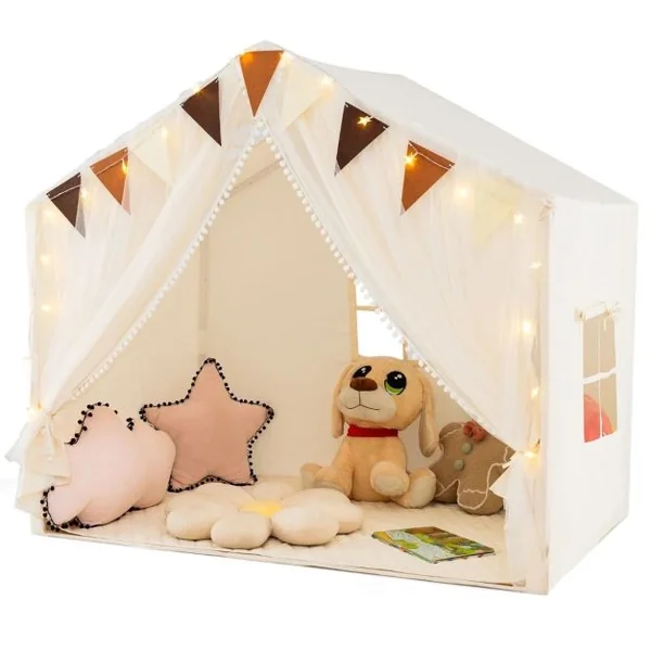 Tente de Jeu pour Enfants avec Rideaux en Tissu et Moustiquaire Lumières Etoilées Fanions à Carreaux pour Les 3 Ans et Plus Beige