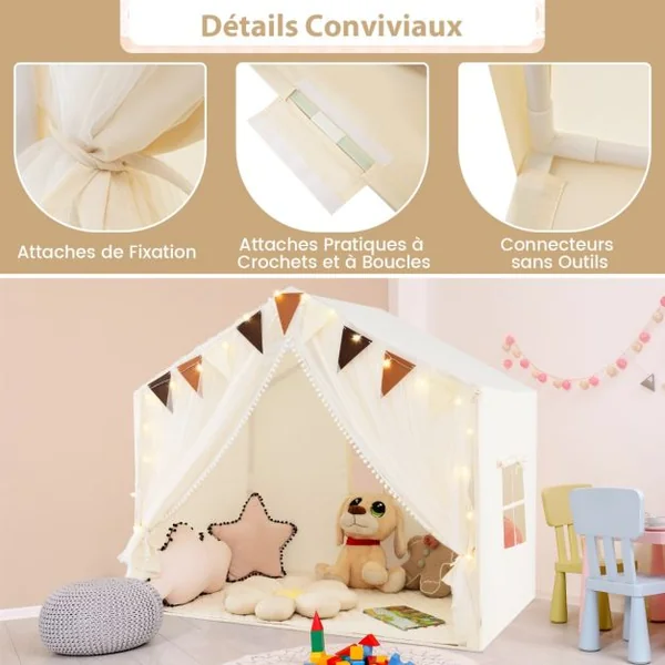 Tente de Jeu pour Enfants avec Rideaux en Tissu et Moustiquaire Lumières Etoilées Fanions à Carreaux pour Les 3 Ans et Plus Beige