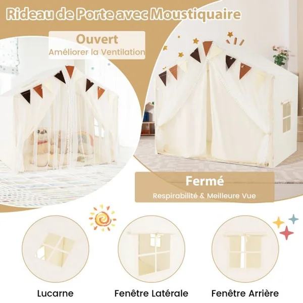 Tente de Jeu pour Enfants avec Rideaux en Tissu et Moustiquaire Lumières Etoilées Fanions à Carreaux pour Les 3 Ans et Plus Beige