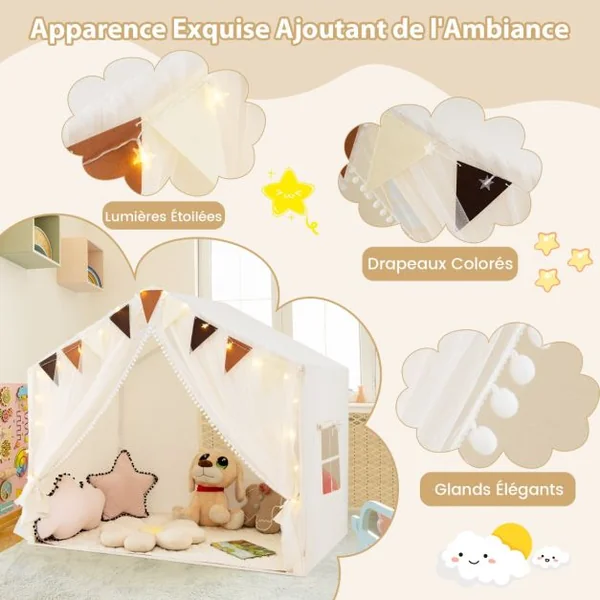 Tente de Jeu pour Enfants avec Rideaux en Tissu et Moustiquaire Lumières Etoilées Fanions à Carreaux pour Les 3 Ans et Plus Beige