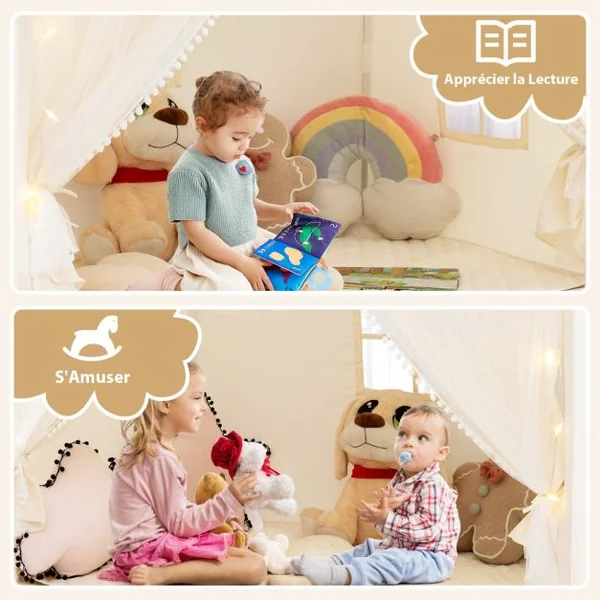Tente de Jeu pour Enfants avec Rideaux en Tissu et Moustiquaire Lumières Etoilées Fanions à Carreaux pour Les 3 Ans et Plus Beige