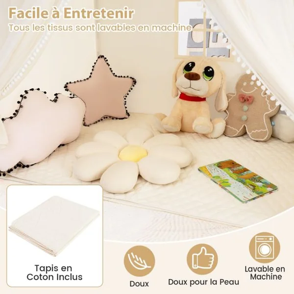 Tente de Jeu pour Enfants avec Rideaux en Tissu et Moustiquaire Lumières Etoilées Fanions à Carreaux pour Les 3 Ans et Plus Beige