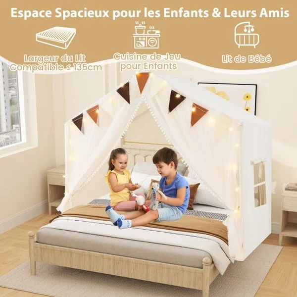 Tente de Jeu pour Enfants avec Rideaux en Tissu et Moustiquaire Lumières Etoilées Fanions à Carreaux pour Les 3 Ans et Plus Beige