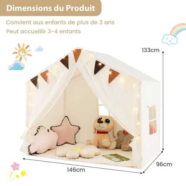 Tente de Jeu pour Enfants avec Rideaux en Tissu et Moustiquaire Lumières Etoilées Fanions à Carreaux pour Les 3 Ans et Plus Beige