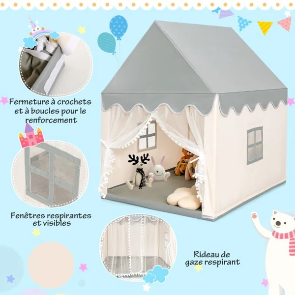 Tente de Jeux pour Enfants Cabane de Style Princesse en Coton Cadeau pour Garçons et Filles Café/Gris/Beige/Jaune