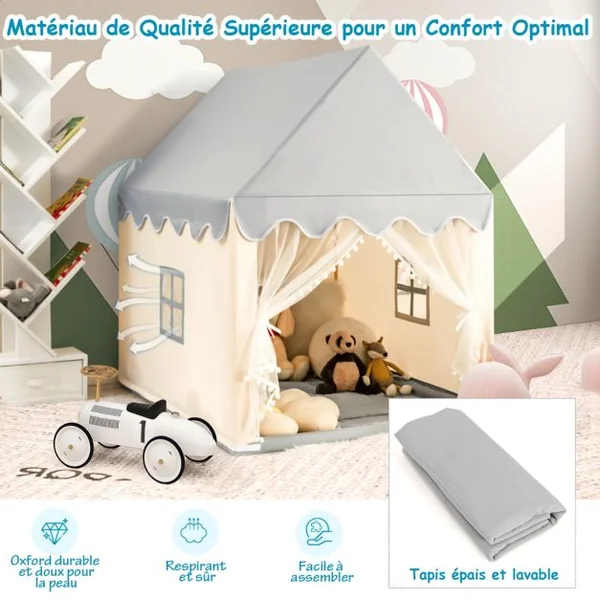 Tente de Jeux pour Enfants Cabane de Style Princesse en Coton Cadeau pour Garçons et Filles Café/Gris/Beige/Jaune