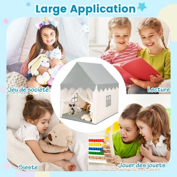 Tente de Jeux pour Enfants Cabane de Style Princesse en Coton Cadeau pour Garçons et Filles Café/Gris/Beige/Jaune