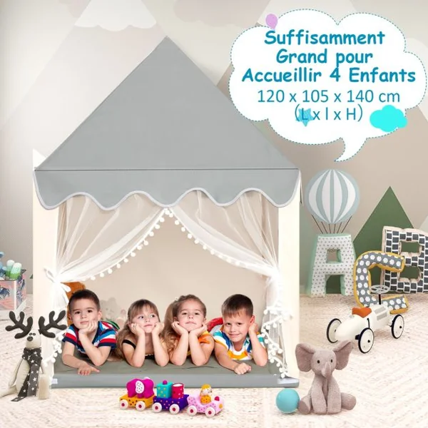 Tente de Jeux pour Enfants Cabane de Style Princesse en Coton Cadeau pour Garçons et Filles Café/Gris/Beige/Jaune