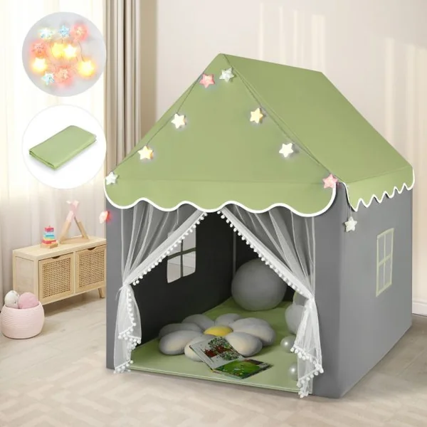 Tente de Jeux pour Enfants Cabane Enfant Interieur avec Tapis Lavable Lumières Étoiles 105 x 121 x 136 cm Rose/Vert/Bleu/Beige