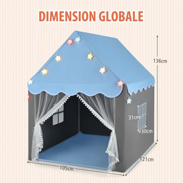 Tente de Jeux pour Enfants Cabane Enfant Interieur avec Tapis Lavable Lumières Étoiles 105 x 121 x 136 cm Rose/Vert/Bleu/Beige