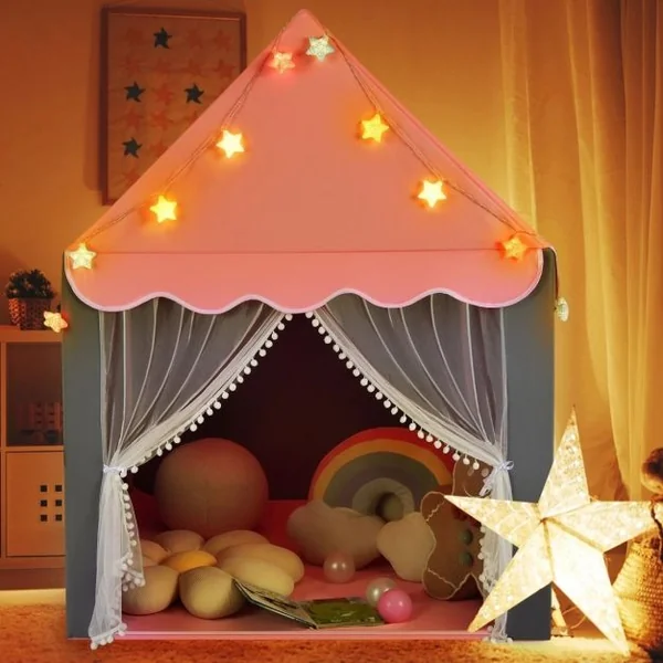 Tente de Jeux pour Enfants Cabane Enfant Interieur avec Tapis Lavable Lumières Étoiles 105 x 121 x 136 cm Rose/Vert/Bleu/Beige