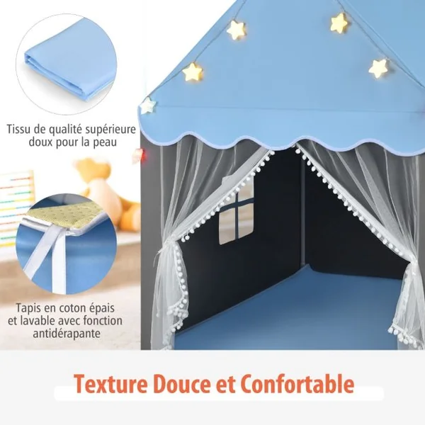 Tente de Jeux pour Enfants Cabane Enfant Interieur avec Tapis Lavable Lumières Étoiles 105 x 121 x 136 cm Rose/Vert/Bleu/Beige
