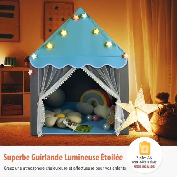 Tente de Jeux pour Enfants Cabane Enfant Interieur avec Tapis Lavable Lumières Étoiles 105 x 121 x 136 cm Rose/Vert/Bleu/Beige
