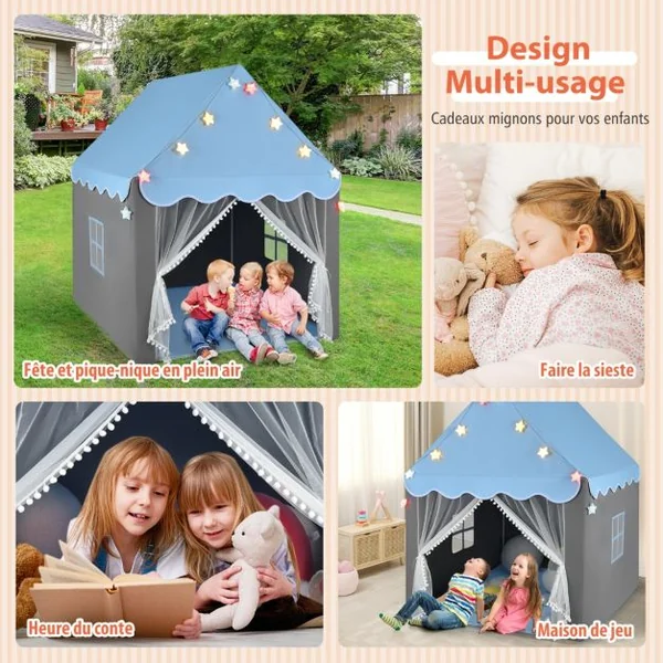 Tente de Jeux pour Enfants Cabane Enfant Interieur avec Tapis Lavable Lumières Étoiles 105 x 121 x 136 cm Rose/Vert/Bleu/Beige