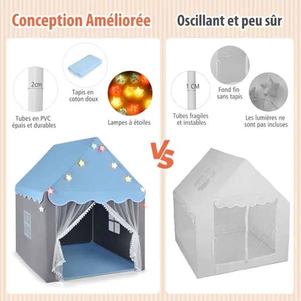 Tente de Jeux pour Enfants Cabane Enfant Interieur avec Tapis Lavable Lumières Étoiles 105 x 121 x 136 cm Rose/Vert/Bleu/Beige