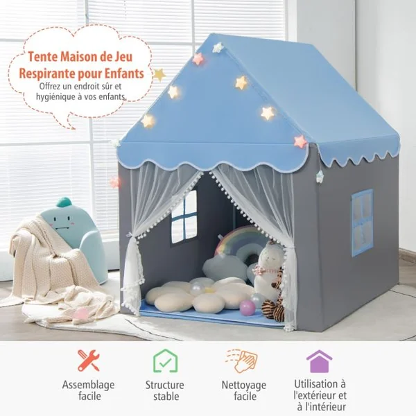 Tente de Jeux pour Enfants Cabane Enfant Interieur avec Tapis Lavable Lumières Étoiles 105 x 121 x 136 cm Rose/Vert/Bleu/Beige