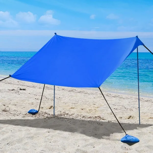 Tente de Plage avec Sac de Transport et 4 Sacs de Sable Grand Abri Solaire en Lycra pour la Plage le Camping la Pêche Bleu